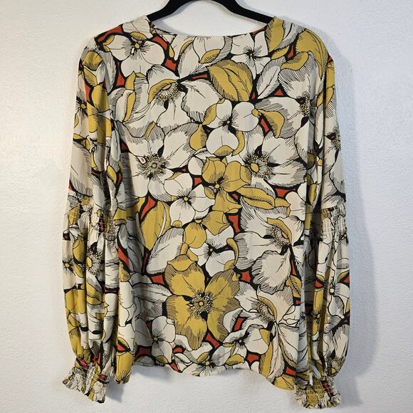 Cabi Sequel Blouse Women's M Yellow Orange Large Floral Poet Sleeve Career Boho - Picture 2 of 9